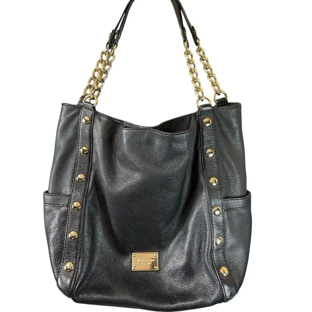 Michael Kors Delancey Large Shoulder Bag Tote Black Pebbled Leather